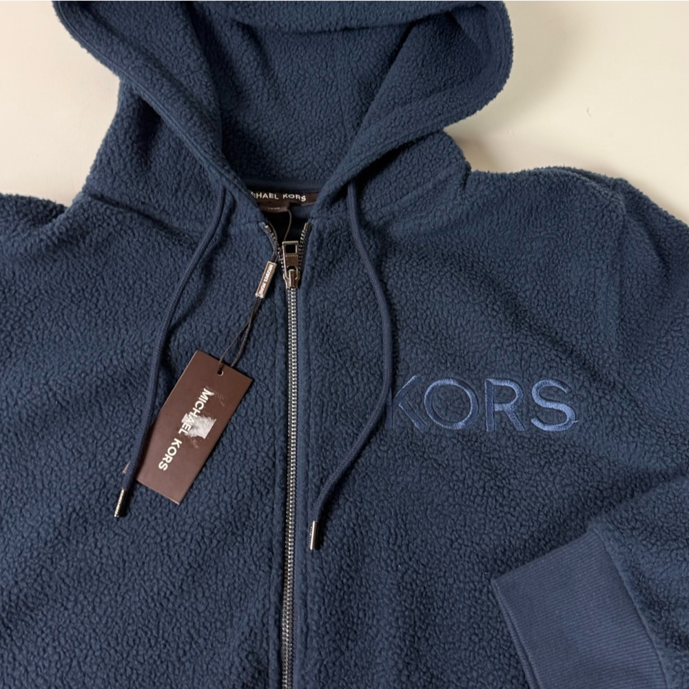 Michael Kors Fleece Full Zip Hoodie NWT w Embroidered Logo New Midnight Blue